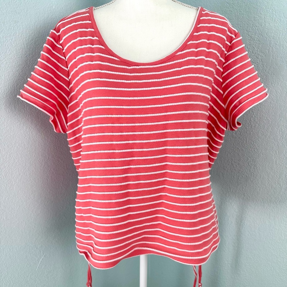 Emily Daniels Top Size XL Pink White Striped Scoop Neck Top Tunnel Tie Sleeves
